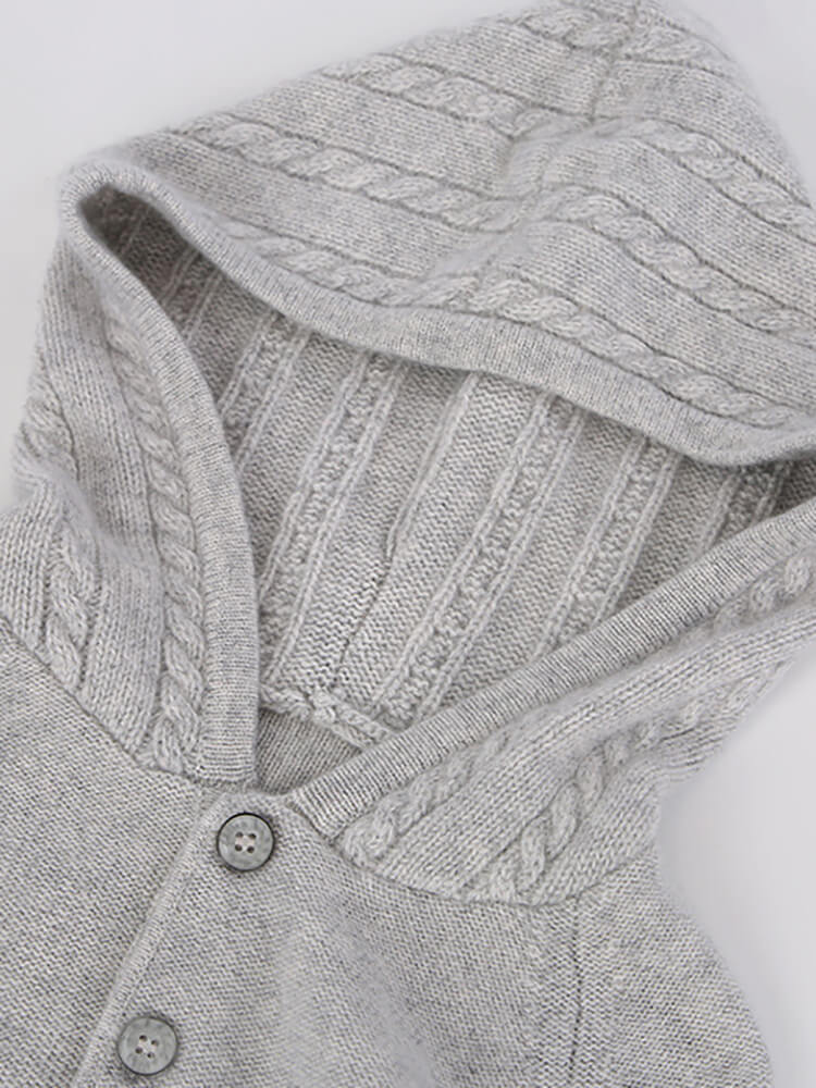 Kids Light Gray Cable Knit Cashmere Hoodie with Kangaroo Pocket